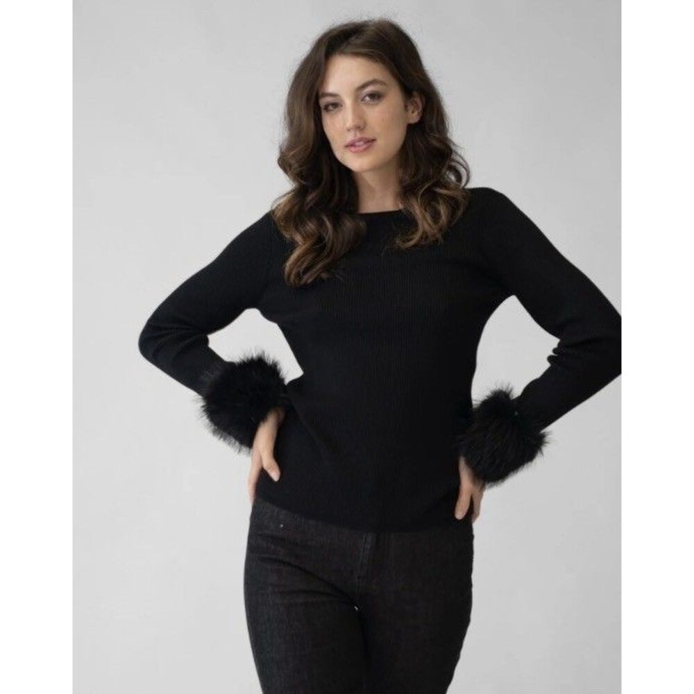 Adrienne Landau Onyx Large Ribbed Crew Neck Sweater W/Faux Fur Cuff LG